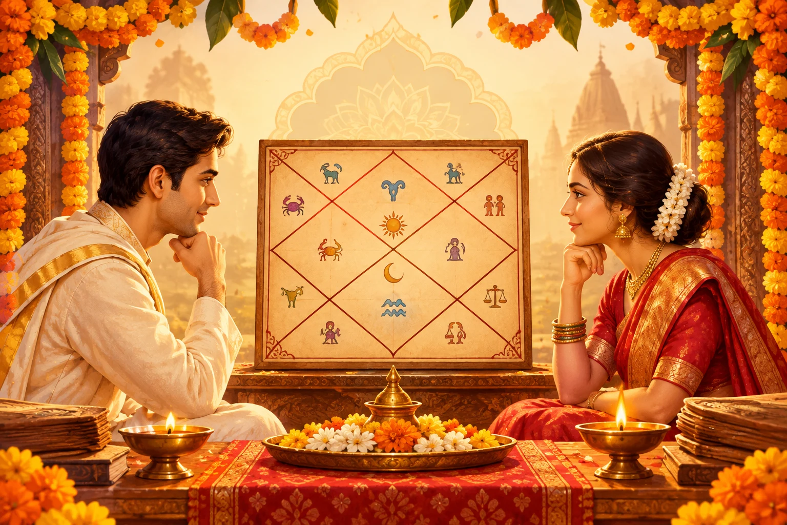 Bride and groom with kundli chart - Kundli Milan matchmaking