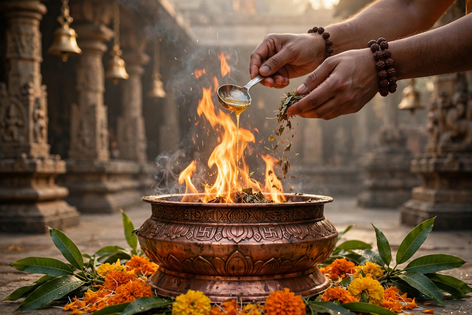 Hindu havan fire ceremony at a temple with copper kund, ghee offering and marigolds