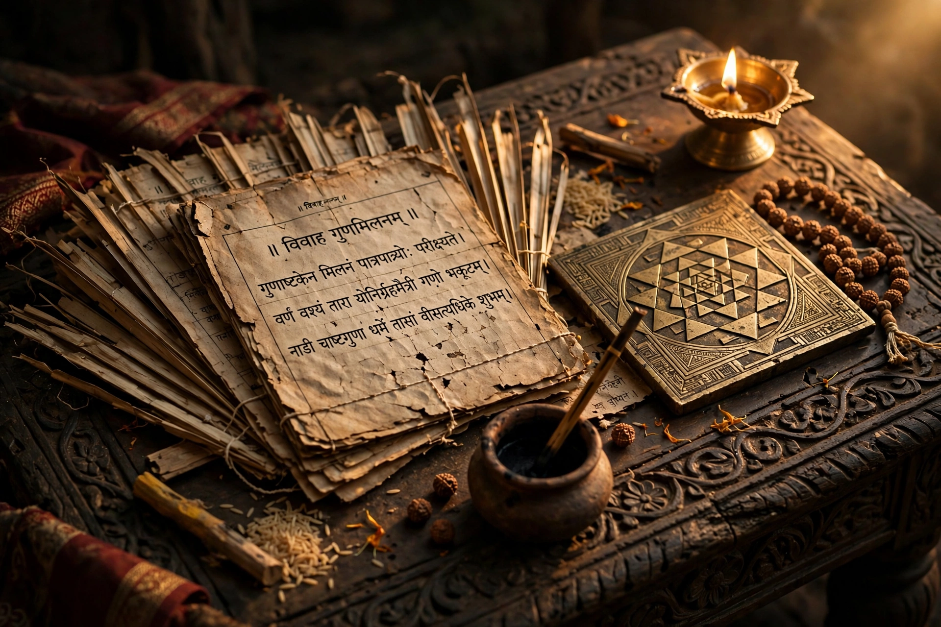 Ancient palm-leaf Vedic manuscript with Sanskrit verses on marriage compatibility, brass Sri Yantra and rudraksha beads