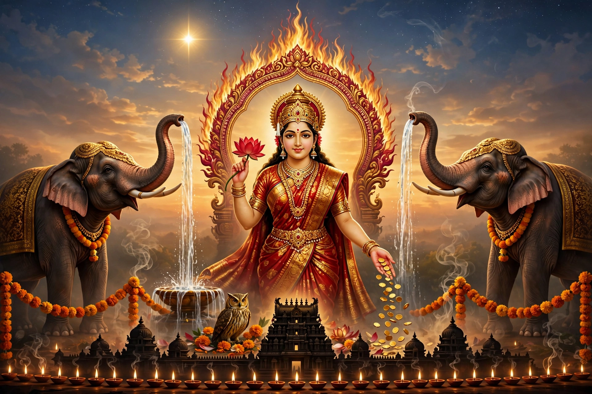 Goddess Lakshmi under the fading morning star of Venus, temple diyas at dawn