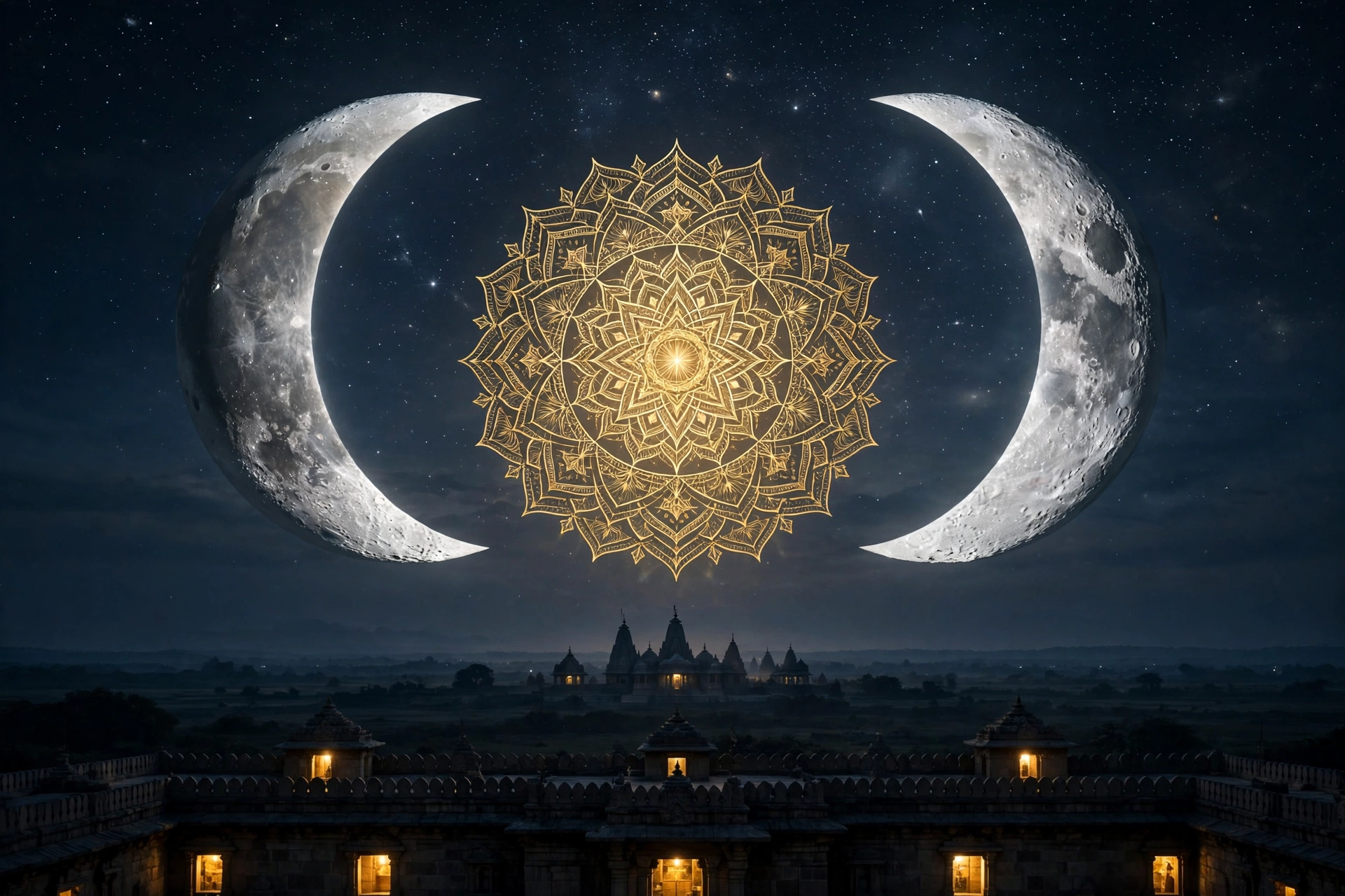 Two crescent moons facing each other across a cosmic mandala above a temple at night — Bhakoot Dosha kundli matching