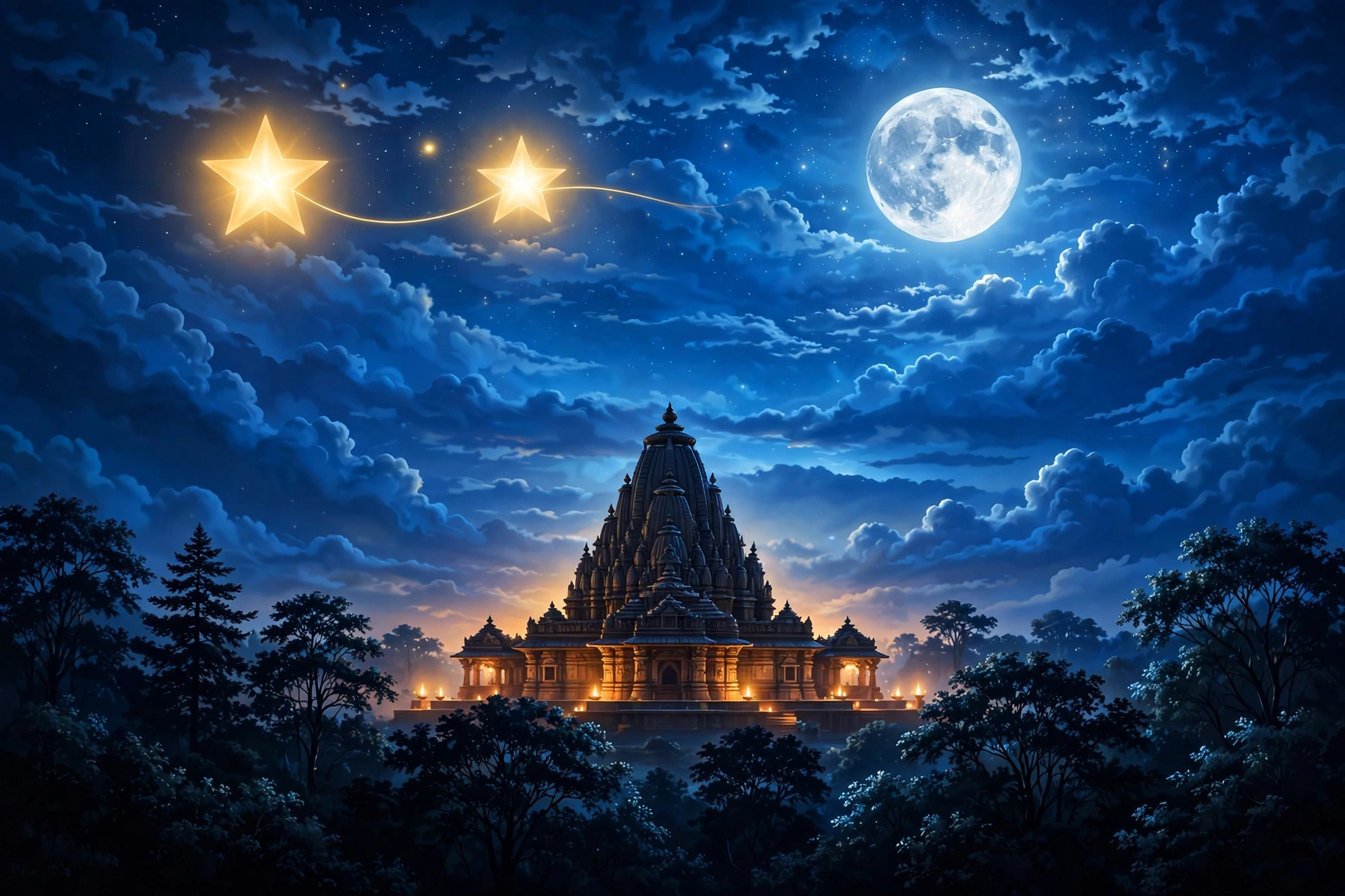 Two glowing birth stars linked by a golden thread above a temple under moonlight — Nadi Dosha kundli matching